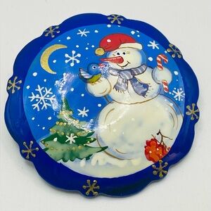 Russian Hand Painted Lacquer Wooden Snowman and Bird Brooch Pin. Festive